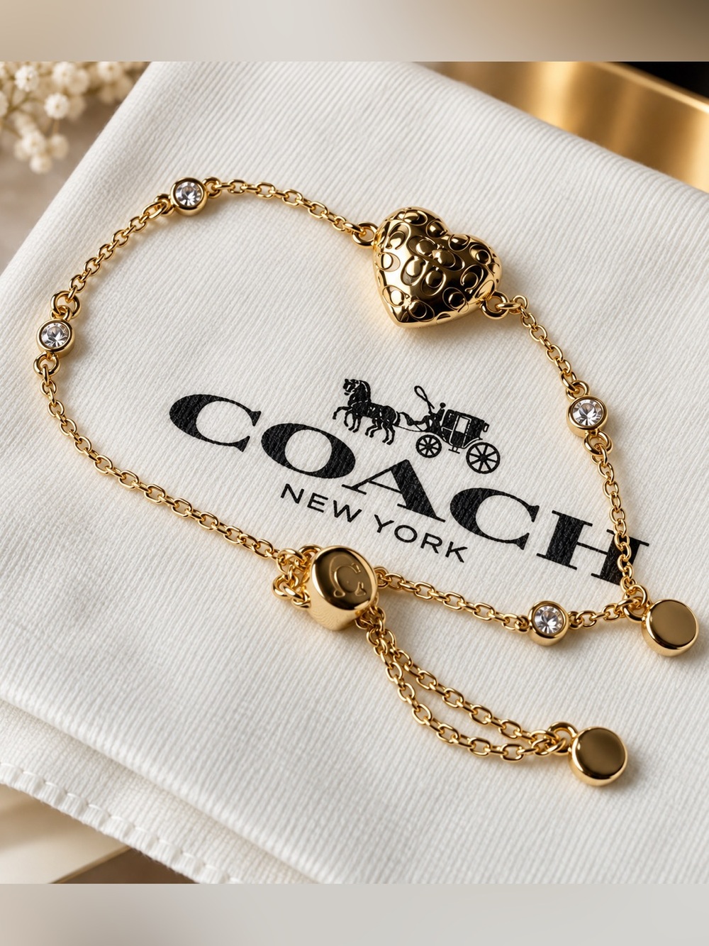Coach Gold Heart Filigree & Charm Chain Bracelet